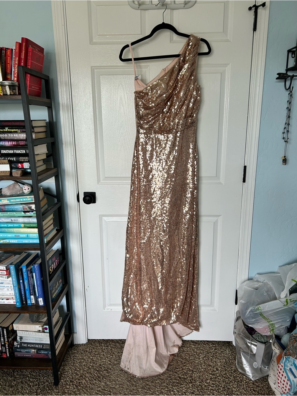 Rose gold sequin one shoulder dress fancy prom party bridesmaid wedding